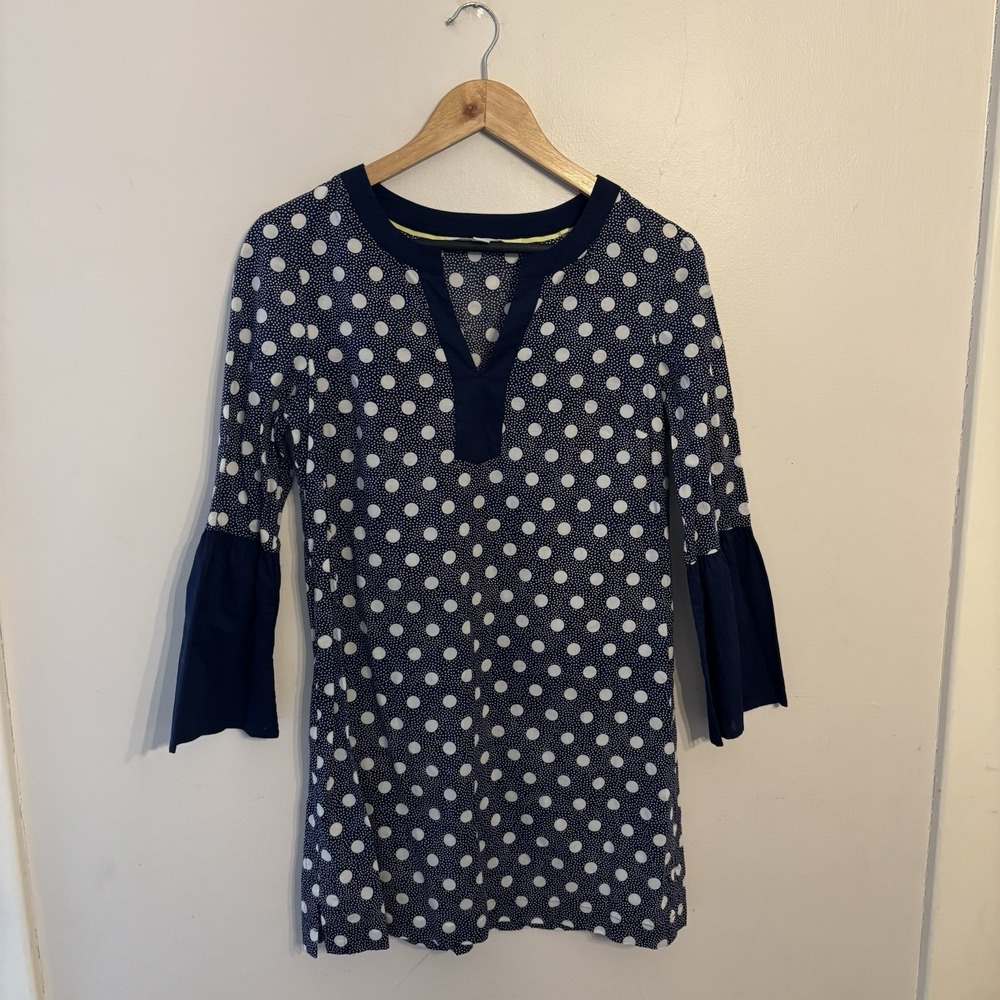 Boden Women's Blue White Polka Dot Tunic Top Flared Sleeve 100% Cotton Size 4R
